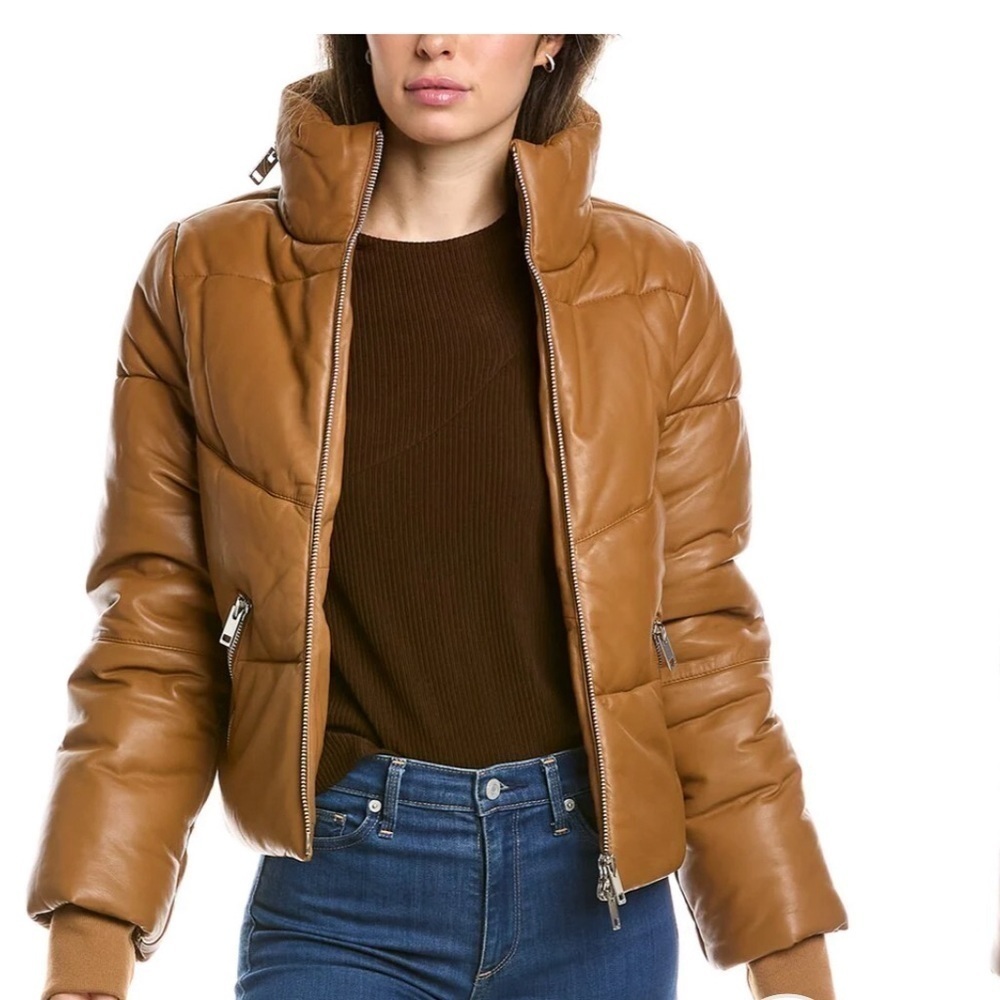 WALTER BAKER EDWINA LAMB LEATHER PUFFER JACKET LARGE CAMEL NEW